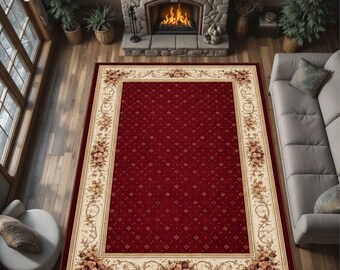 Burgundy Classic Floral Border Rug, Vintage Area Carpet