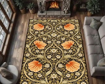 Vintage Poppy Floral Pattern Rug, Art Nouveau Style Carpet