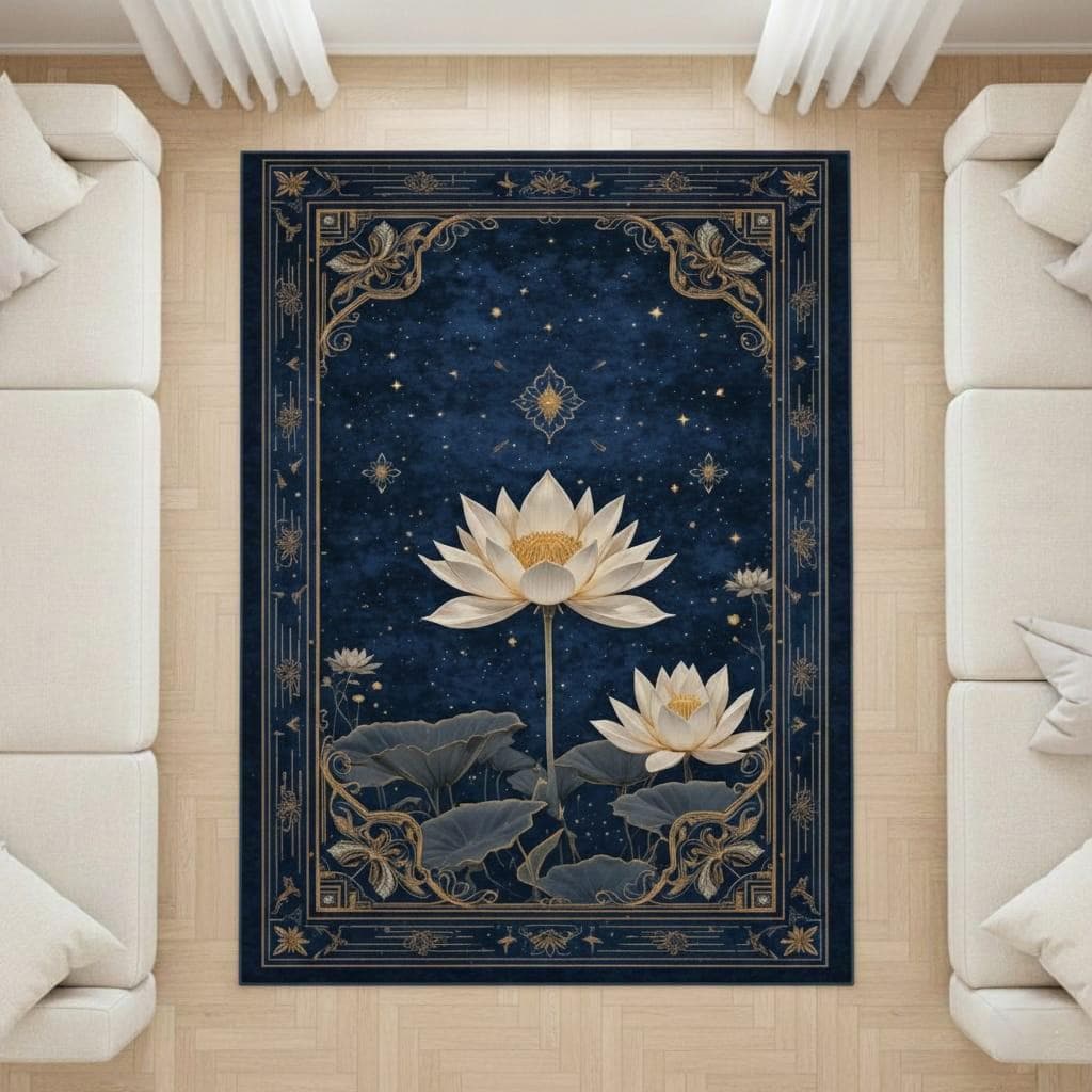 Modern Rug Lotus Rug Lotus Flower Area Rug Blue Gold Spiritual Carpet - Etsy