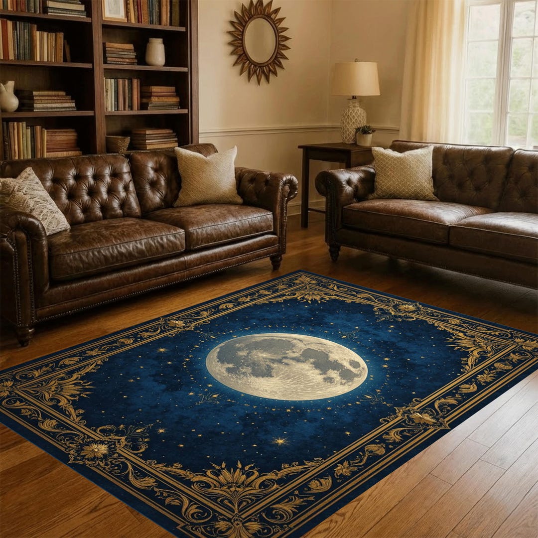 Blood Moon Rug Full Moon Celestial Luxury Rug, Blue Gold Night Sky Carpet - Etsy