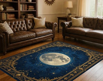 Full Moon Celestial Luxury Rug, Blue Gold Night Sky Carpet