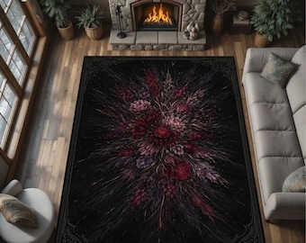 Dark Gothic Floral Area Rug, Victorian Botanical Print