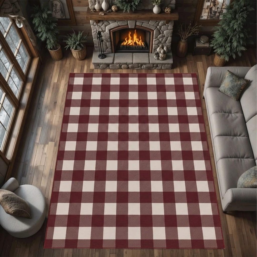 Bugundy Check Rug Red Checkered Area Rug, Burgundy Plaid Living Room Carpet - Etsy