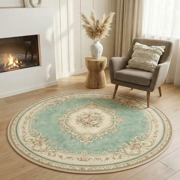 Vintage Round Floral Rug, Pastel Green Classic Medallion Rug, Elegant Living Room Decor