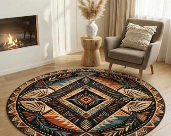 Boho Tribal Round Rug, Aztec Geometric Area Carpet