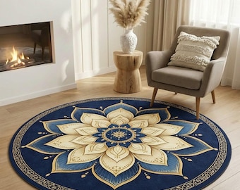 Könnte beinhalten: Ein runder Teppich mit floralem Muster. Der Teppich hat einen dunkelblauen Hintergrund mit einer großen Blume in Creme- und Blautönen. Ein goldener Rand umrahmt das Blumenmotiv und verleiht der Inneneinrichtung eine elegante Note.