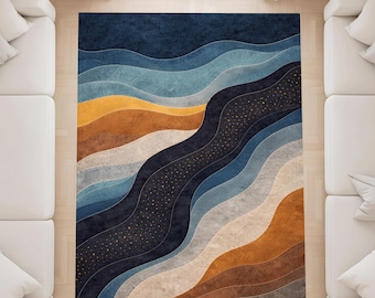 Alfombra con diseño de ondas abstractas, moderna, geométrica, azul y marrón