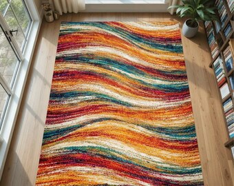 Abstract Wave Rug, Colorful Boho Area Carpet, Modern Wavy Living Room Decor