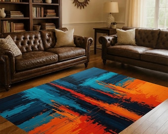 Abstract Blue Orange Modern Rug, Contemporary Art Area Carpet