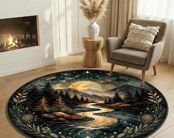 Round Moon Forest Landscape Area Rug, Celestial River Carpet