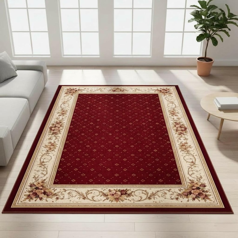 Burgundy Classic Floral Border Rug, Vintage Area Carpet - Etsy