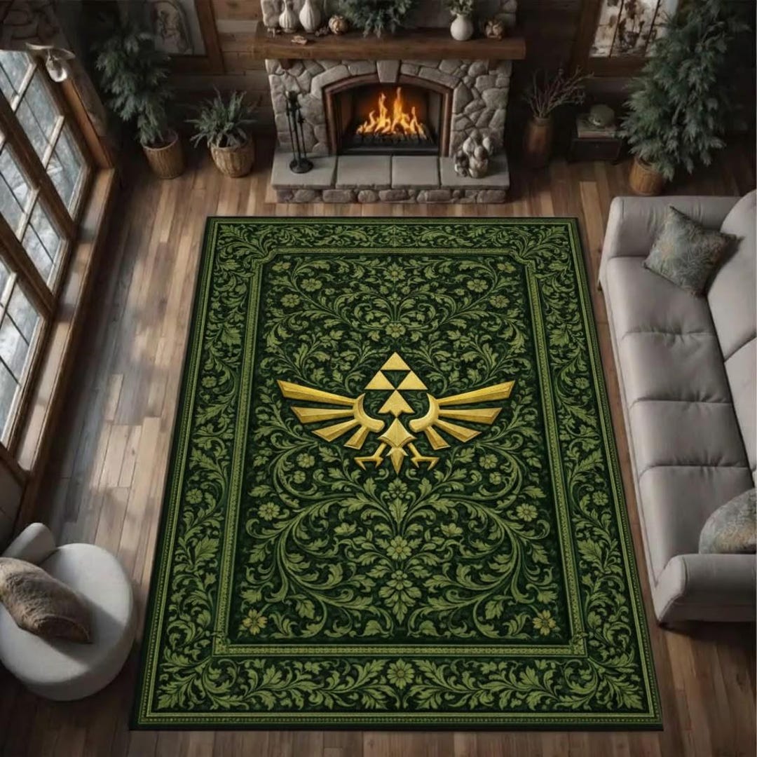 Triforce Hylian Rug, Green Gold Gamer Area Rug - Etsy