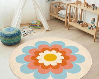 Round Flower Kids Area Rug, Retro Pastel Nursery Carpet