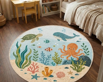 Round Ocean Kids Rug Sea Animals Nursery Carpet Baby Room Decor Playmat