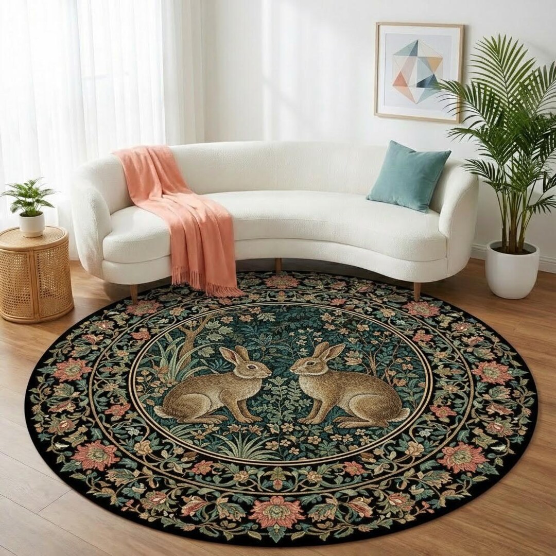 Round Rabbit Floral Rug, Botanical Oriental Animal Area Carpet - Etsy