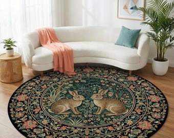 Round Rabbit Floral Rug, Botanical Oriental Animal Area Carpet