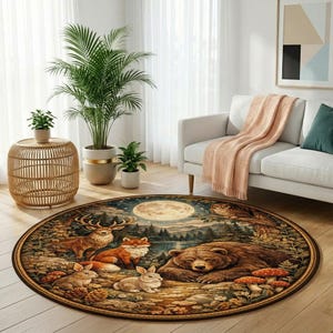 K&ouml;nnte beinhalten: Ein runder Teppich mit einer Waldszene mit einem B&auml;ren, einem Hirsch, einem Fuchs, Kaninchen und einem Vollmond. Der Teppich hat einen dunkelbraunen Rand und liegt auf einem Holzboden. Der Durchmesser des Teppichs betr&auml;gt ca. 152 cm.