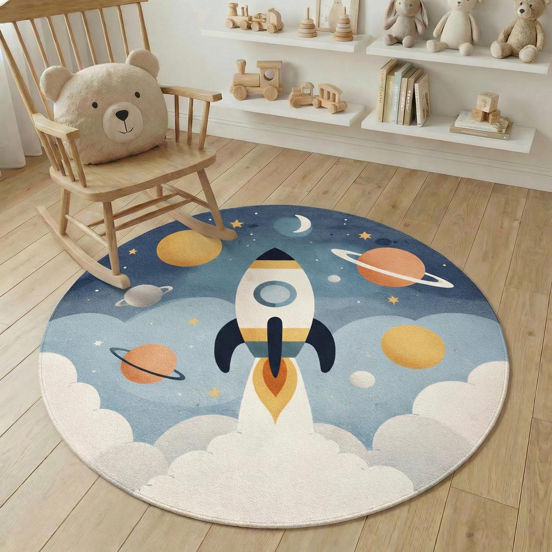 Moon Rover Play Rug Space Rocket Kids Round Rug, Planet Nursery Carpet, Outer Space ...
