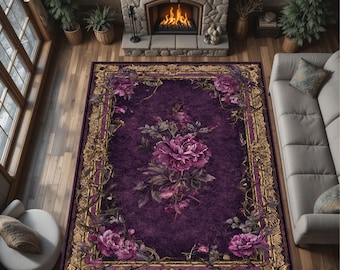 Purple Gothic Floral Rug, Vintage Peony Luxury Area Carpet