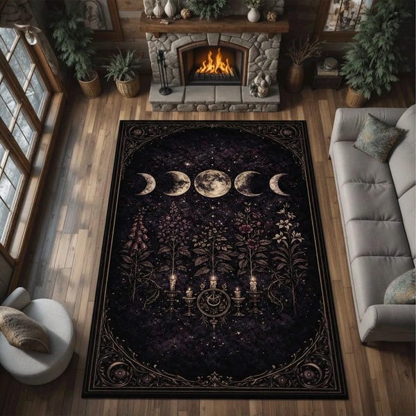 Gothic Moon Phase Botanical Rug Dark Celestial Floral Astrology Occult Symbol Decorative Carpet
