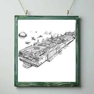 May include: Black and white line art print of a futuristic spaceship, displayed in a green wooden frame. The detailed illustration shows the ship's interior and exterior, with other spacecraft and a planet in the background. The artwork is hanging on a light gray wall.