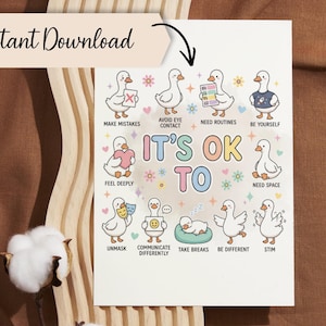 Può includere: Una stampa bianca con anatre dei cartoni animati che illustrano consigli per la cura di sé. Il testo centrale è "It's OK To", con frasi come "Make Mistakes", "Need Routines" e "Be Yourself". Il testo "Instant Download" è in alto.