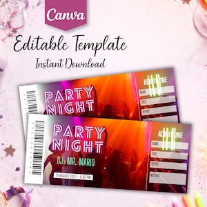 Könnte beinhalten: Zwei Party-Tickets mit den Worten "PARTY NIGHT" in großen, rosa Buchstaben. Die Tickets haben einen Barcode und Platz, um Name, Datum, Veranstaltungsort und Nachricht einzutragen. Der Hintergrund ist ein farbenfrohes Partybild.