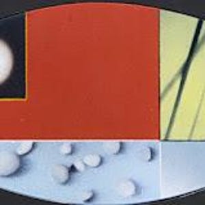 May include: An abstract oval-shaped artwork with a black border. The design features a white circle in a black square, a red rectangle, a section of yellow and green lines, and a light blue area with white circles.