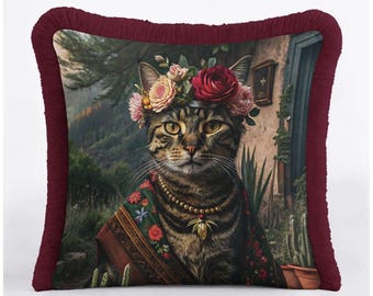 Quasten Katze Kissenbezug, Blumenkaninchen Kissenbezug, Burgunder Dekokissen Toile Jouy, Boho Animal Themed Kinderzimmer Dekor
