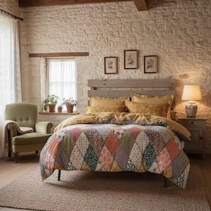 May include: A bedroom with a bed featuring a patchwork quilt in shades of orange, green, and pink. The bed has yellow bedding and a wooden headboard. A green armchair with a blanket sits near a window with sheer curtains.