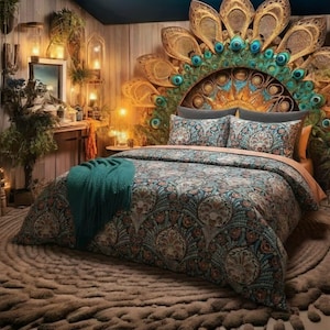 May include: A bedroom with a peacock-themed headboard and bedding. The headboard is made of woven material and adorned with peacock feathers. The bedding features a patterned design in shades of blue, orange, and brown. A teal throw blanket rests on the bed.