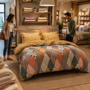 Patchwork Boho sängkläderset, gult täcke, vintage-täcke, geometriskt överkast, europeisk inflyttningspresent i linne
