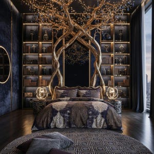 May include: A luxurious bedroom with a gold tree-like structure above the bed, adorned with lights and blue accents. The bed features a patterned comforter and pillows, set on a patterned rug. Bookshelves and lamps complete the elegant decor.