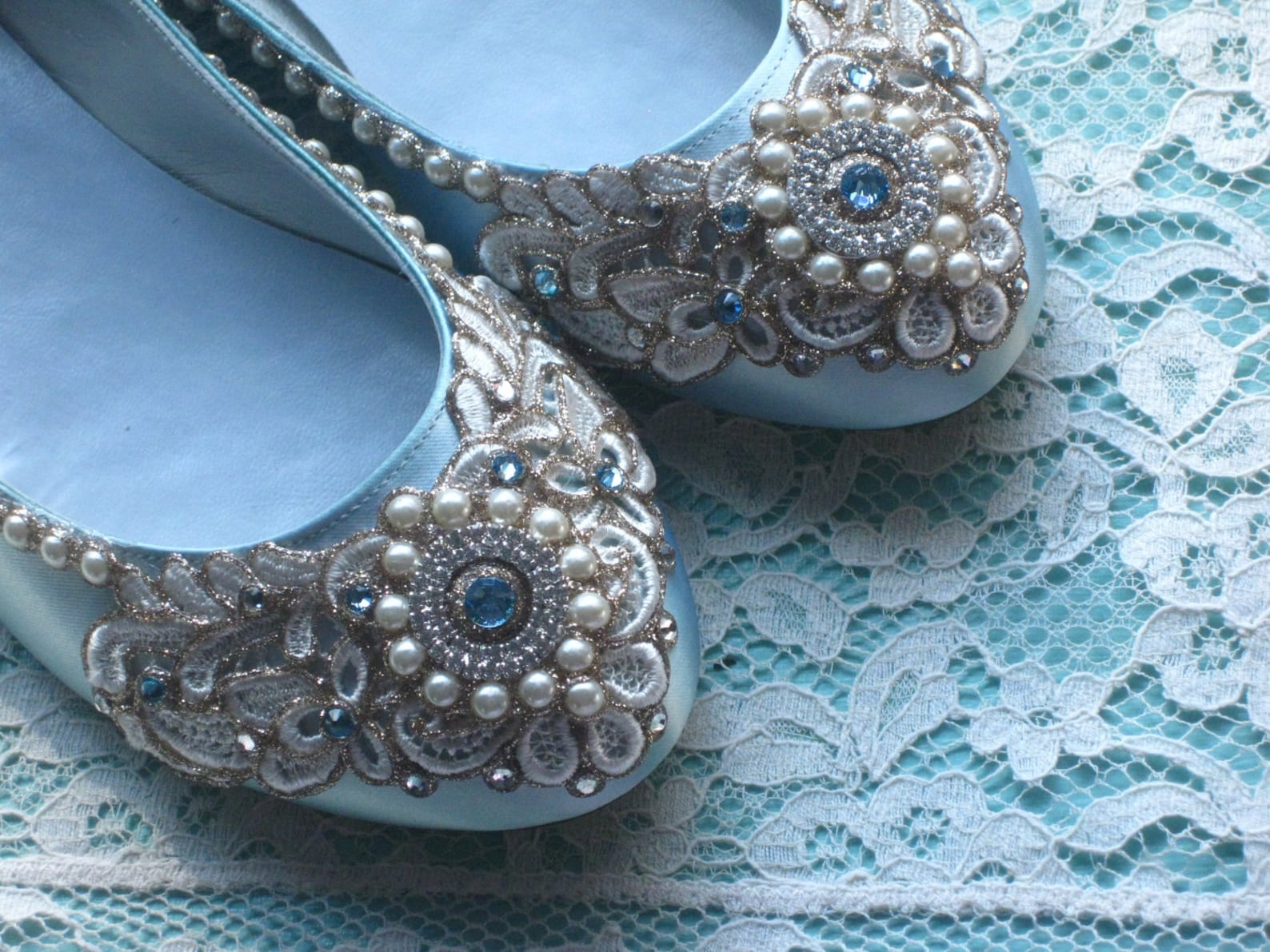 wreath of gold bridal ballet flats robin's egg blue wedding shoes - any size - pick your own shoe color and crystal color