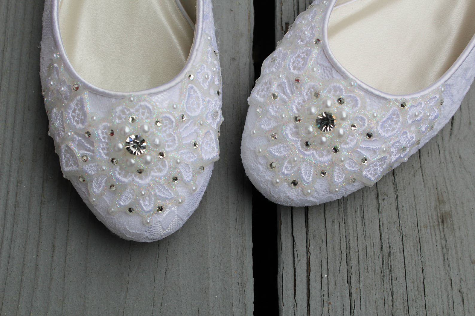 shimmer lace bridal ballet flats wedding shoes - any size - pick your own crystal color
