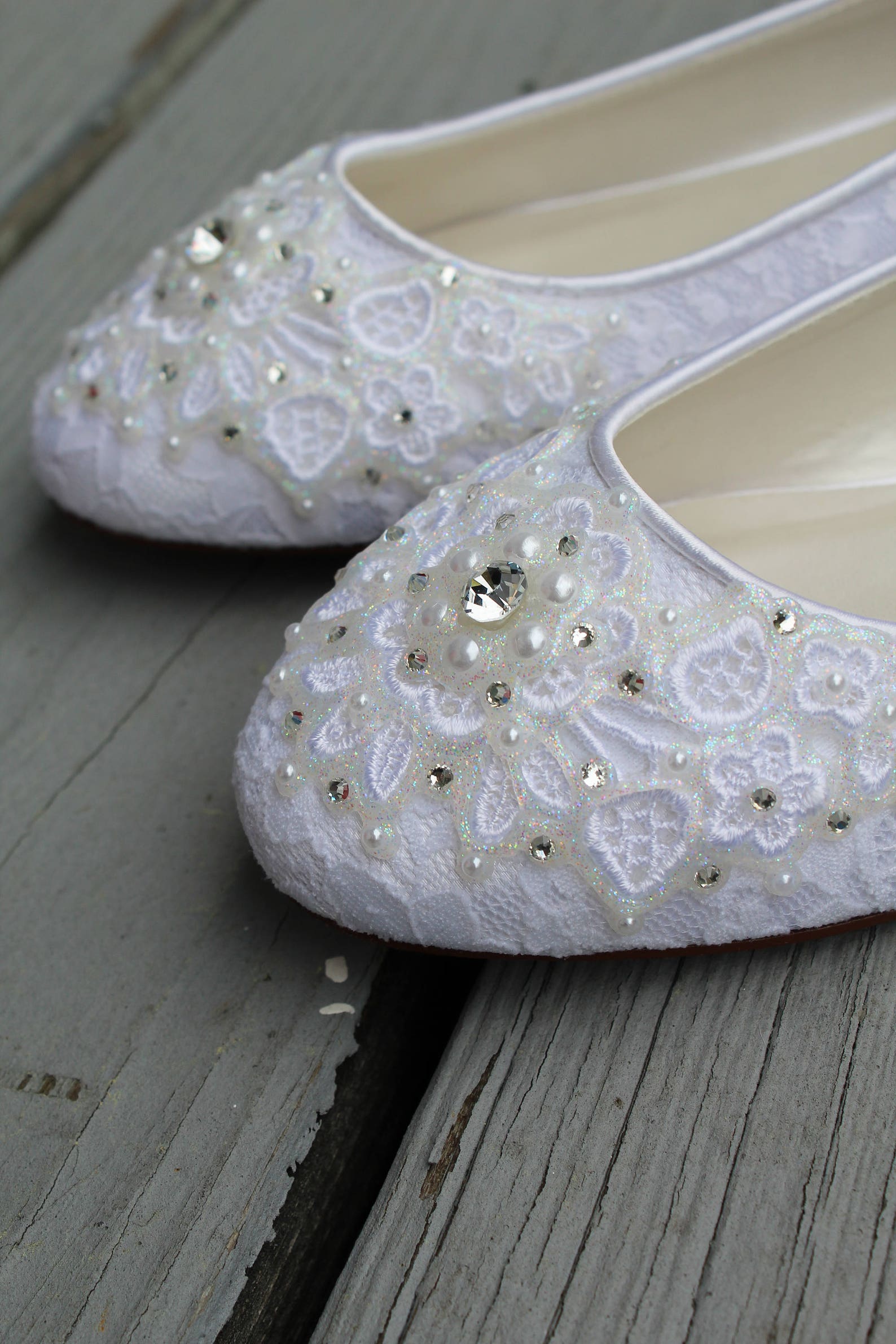 shimmer lace bridal ballet flats wedding shoes - any size - pick your own crystal color
