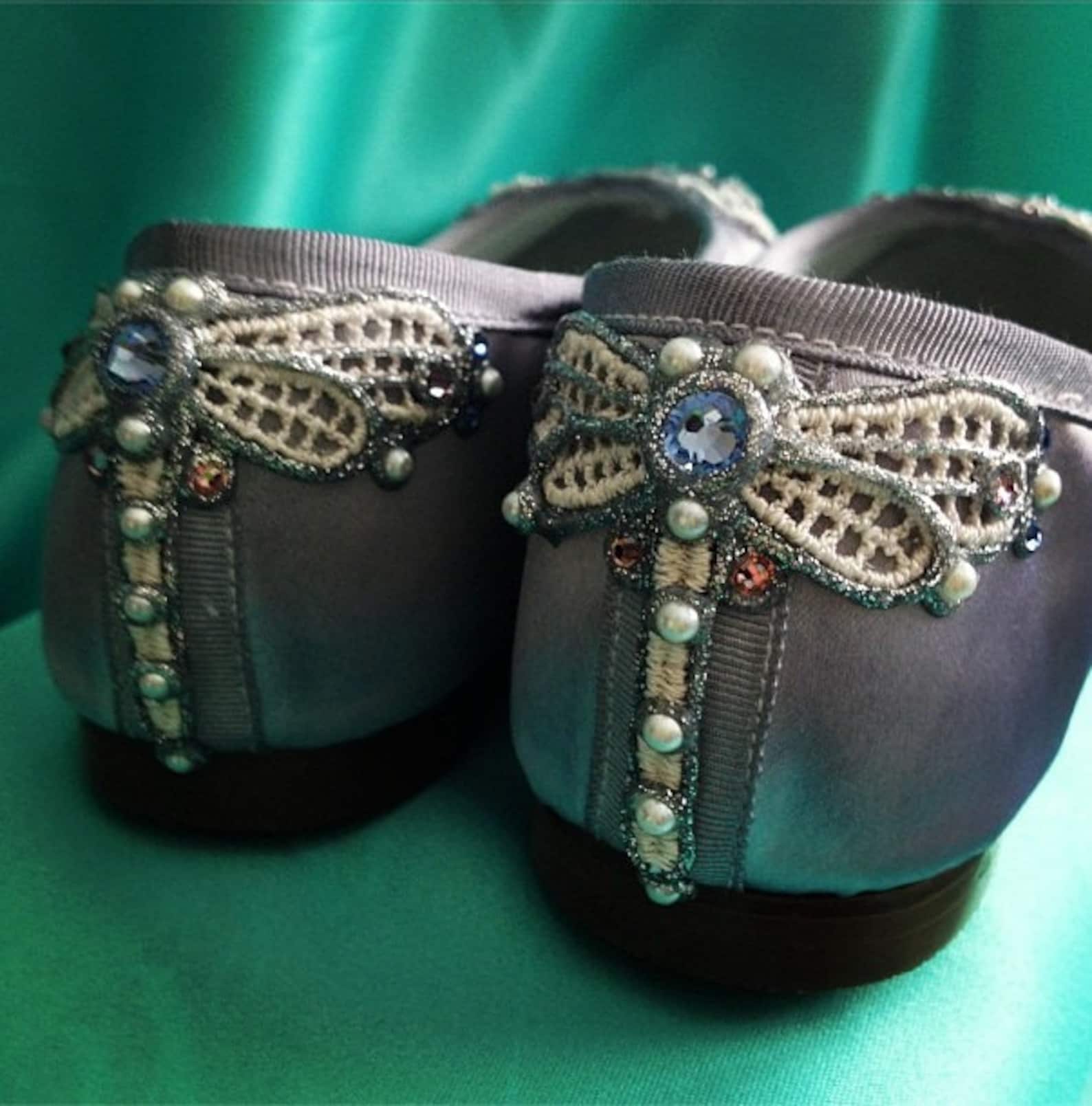 dragonfly french knot lace bridal ballet flats wedding shoes - all full sizes - pick your own shoe color and crystal color