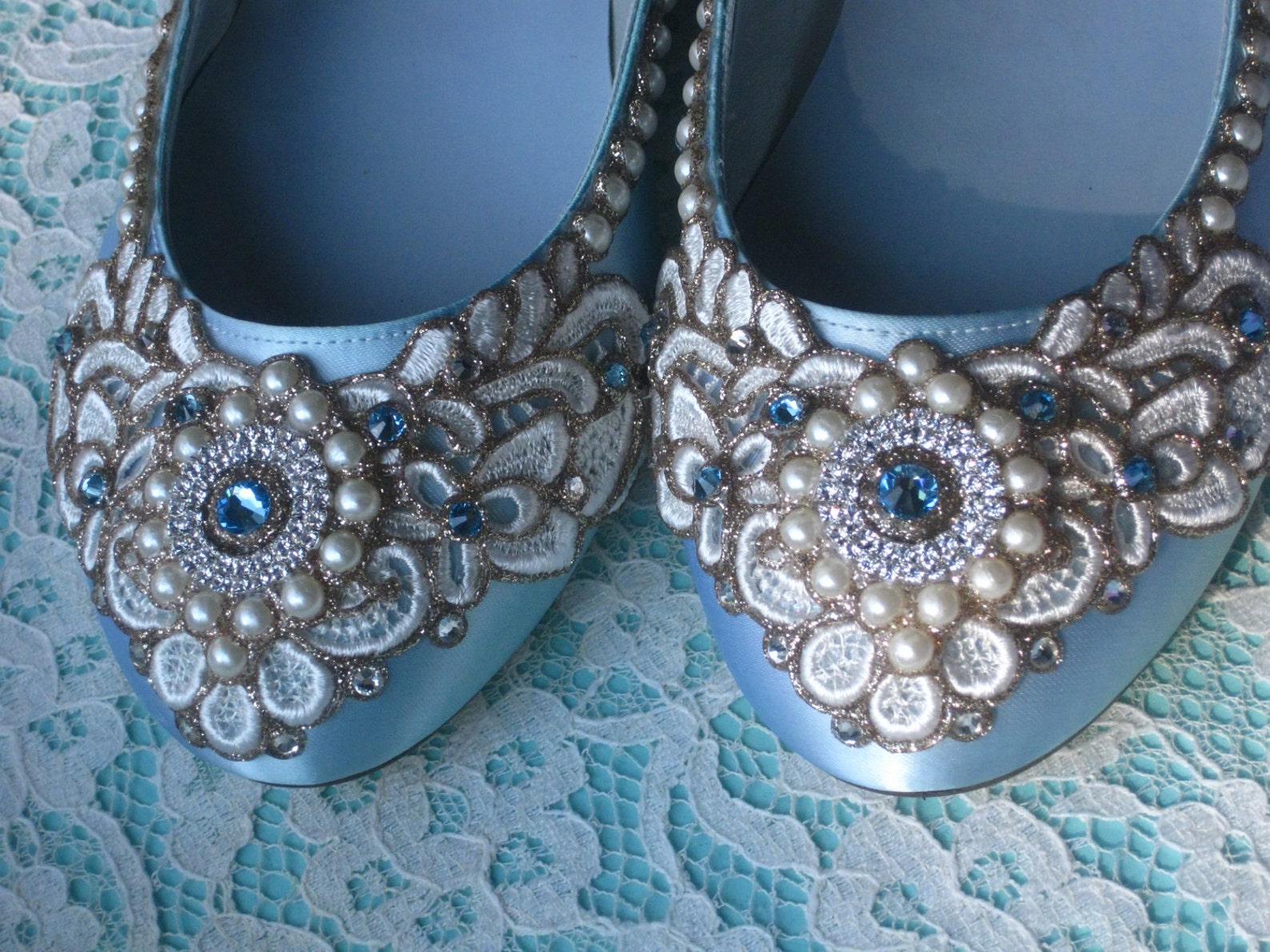 wreath of gold bridal ballet flats robin's egg blue wedding shoes - any size - pick your own shoe color and crystal color