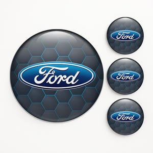May include: A collection of Ford logo designs. The logo features a blue oval with the word "Ford" in white script. The background has a dark gray hexagonal pattern.