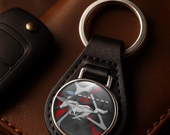 Mustang Leather Keychain Personalized Leather Key Ring with Mustang Logo Custom Car Keychain Gift for Him