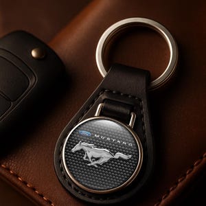 Può includere: Un portachiavi in pelle nera con logo Ford Mustang argentato. L'emblema rotondo presenta un cavallo in corsa su sfondo in fibra di carbonio. Sono visibili anche un portachiavi argentato e una chiave per auto nera.