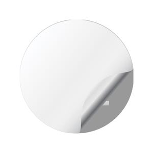 May include: A white, circular sticker with a corner peeled back, revealing a gray surface underneath. The sticker is clean and smooth, with a slight curve where it is peeled.