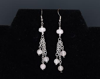 Dangle Earrings Pink Rose Quartz Stone Silver Repurposed Recycled Fairy Faerie