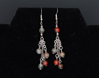 Dangle Earrings Red Grey Bloodstone Silver Boho Repurposed Recycled