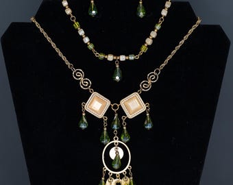 Necklace Bracelet Earrings Jewelry Set Green Cream Glass Brass Tone Repurposed Recycled Fairy Faerie