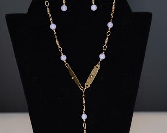 Necklace Earrings Jewelry Set Purple Glass Bronze Brass Tone Industrial Hardware Repurposed Recycled Upcycled