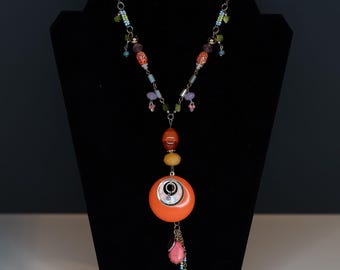 Necklace Bold Bright Orange Pink Green Blue Brass Tone Repurposed Recycled