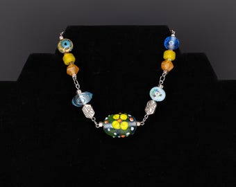 Bracelet Blue Yellow Orange Glass Ceramic Flowers Silver