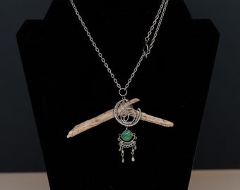 Wire Wrapped Driftwood Pendant Necklace Green Stone Silver Repurposed Upcycled Natural