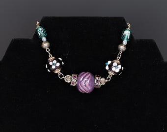 Bracelet Purple Ceramic Teal Glass Flowers Silver Repurposed Recycled